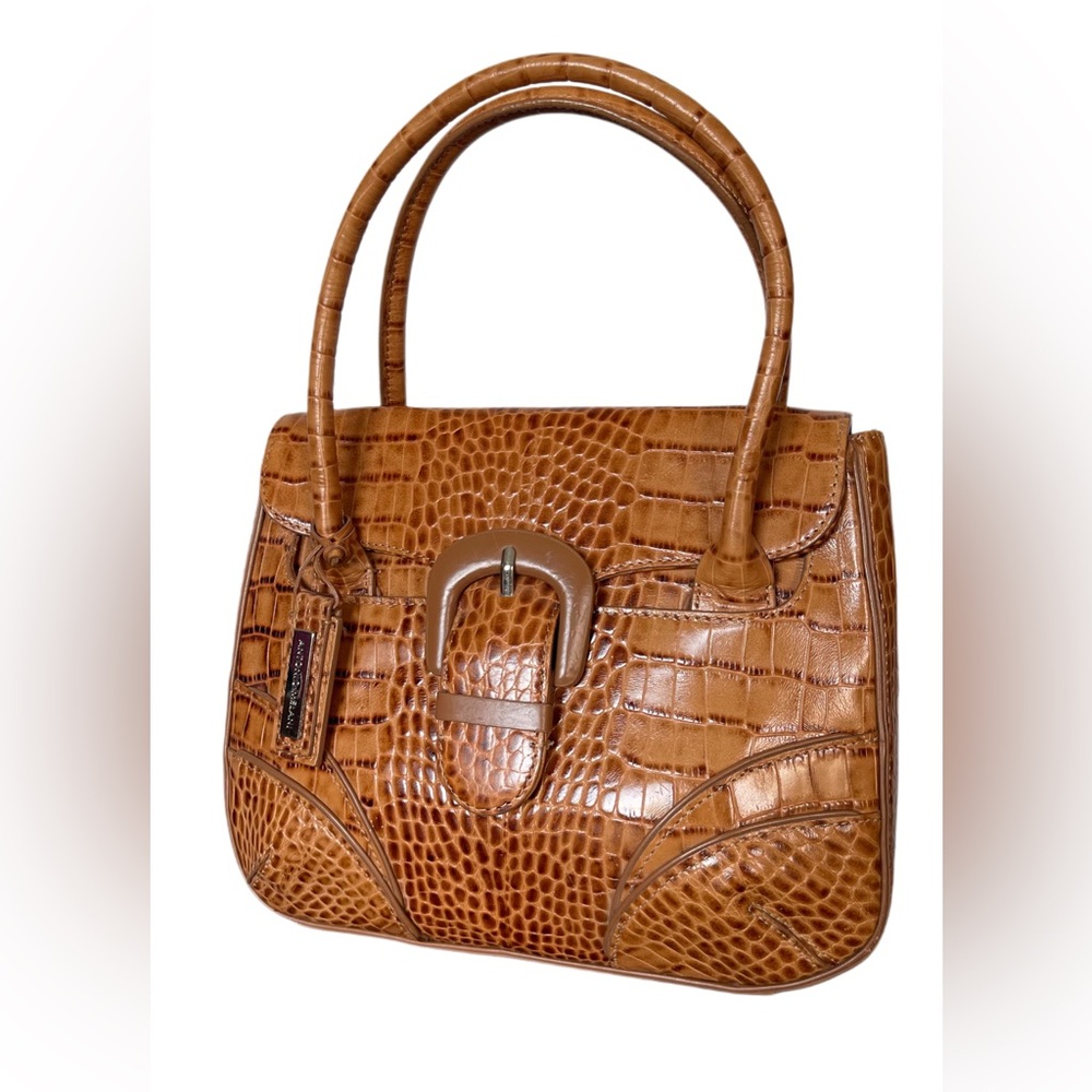 Antonio Melani Croc-Embossed Brown/Tan Leather Satchel Handbag